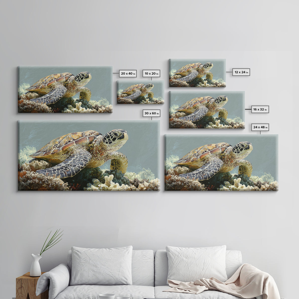 Sea Turtle over Coral Reef Canvas Print, Wildlife Art, Room Decor, Living Room Decor, Oil Painting, Wild, Large Wall Art, WIL-2x1-62