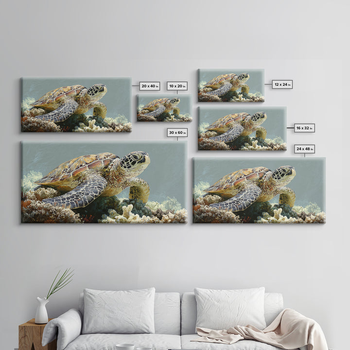Sea Turtle over Coral Reef Canvas Print, Wildlife Art, Room Decor, Living Room Decor, Oil Painting, Wild, Large Wall Art, WIL-2x1-62