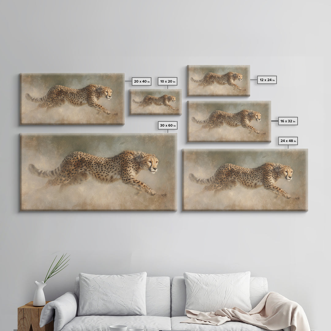 Cheetah Running Through Warm Dust Framed Canvas Print, Wildlife Art, Wall Hangings, Living Room Decor, Abstract Art, Wild, WIL-2x1-65