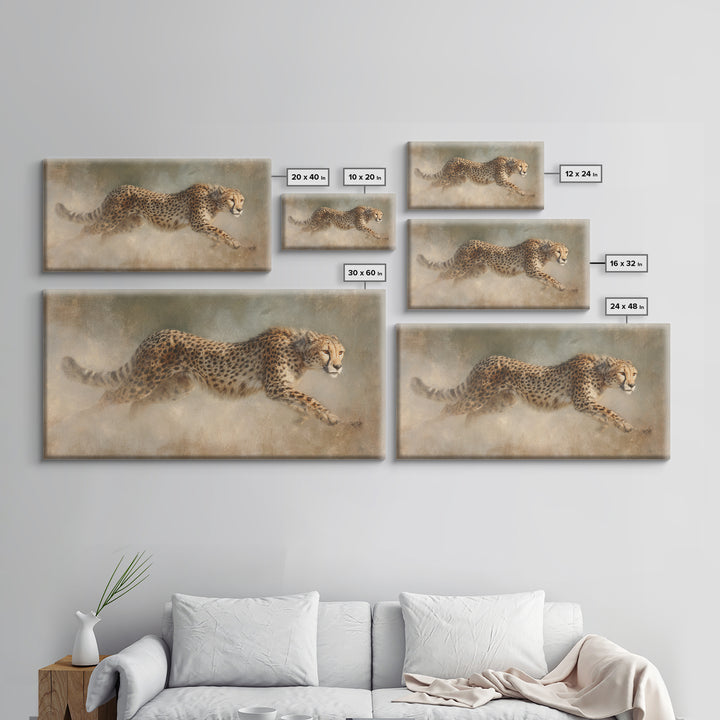 Cheetah Running Through Warm Dust Framed Canvas Print, Wildlife Art, Wall Hangings, Living Room Decor, Abstract Art, Wild, WIL-2x1-65