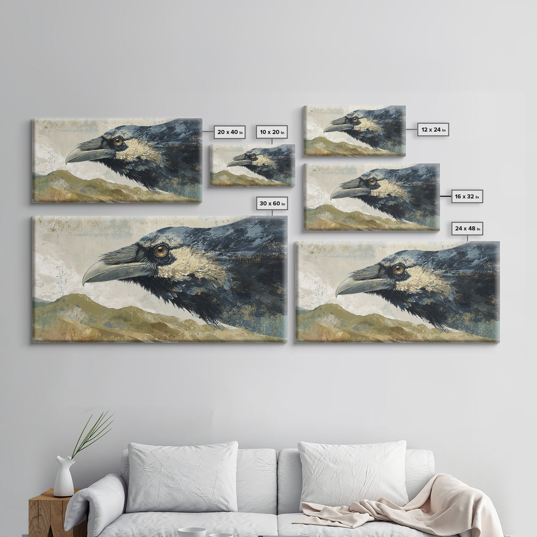 Raven Flying Through Snowy Mountains Canvas Print, Wildlife Art, Large Wall Art, Living Room Decor, Wild, Landscape Art, WIL-2x1-68