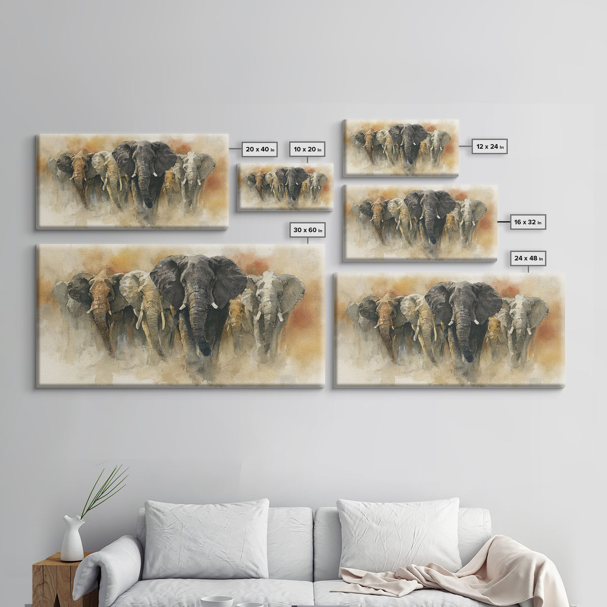 Elephant Herd Walking Through Dusty Sunset Canvas Print, Wildlife Art, Wall Decor, Living Room Decor, Fine Art, Wild, WIL-2x1-70