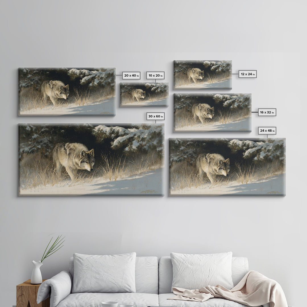 Wolf Standing Beneath Snowy Pine Trees Canvas Print, Wildlife Art, Living Room Art, Living Room Decor, Abstract Art, Wild, WIL-2x1-71