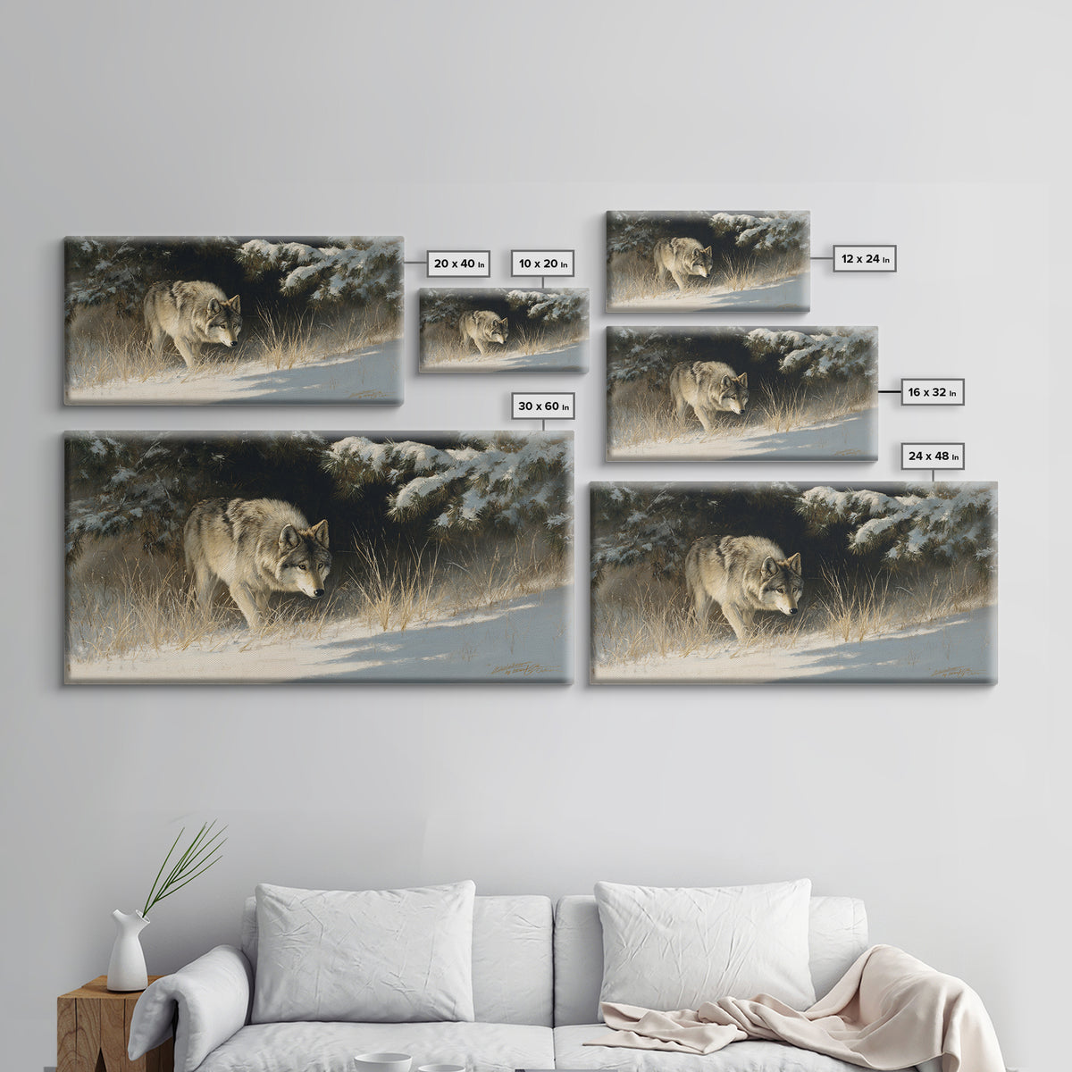 Wolf Standing Beneath Snowy Pine Trees Canvas Print, Wildlife Art, Living Room Art, Living Room Decor, Abstract Art, Wild, WIL-2x1-71