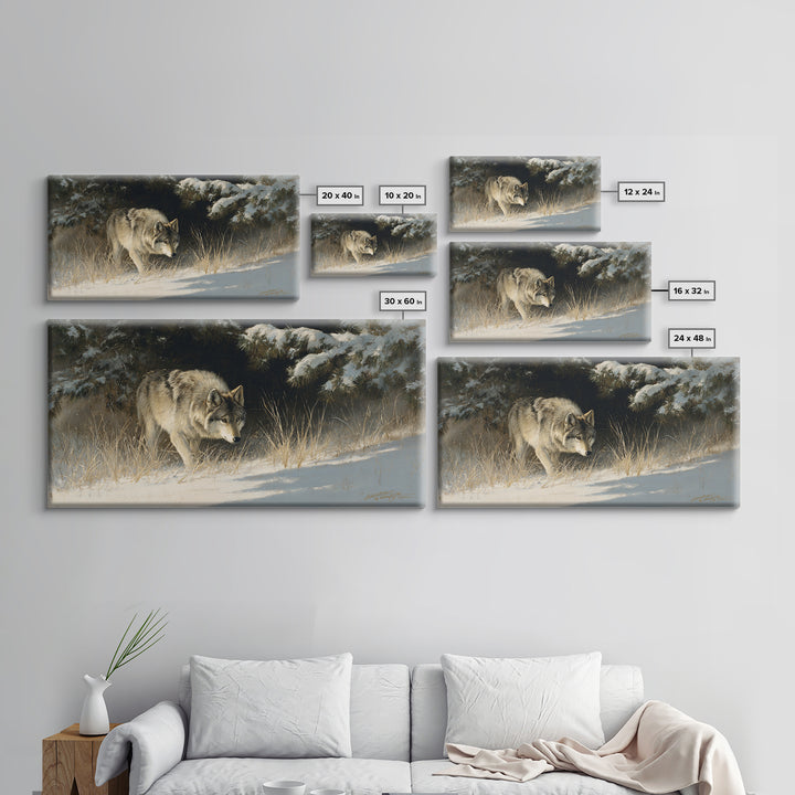 Wolf Standing Beneath Snowy Pine Trees Canvas Print, Wildlife Art, Living Room Art, Living Room Decor, Abstract Art, Wild, WIL-2x1-71