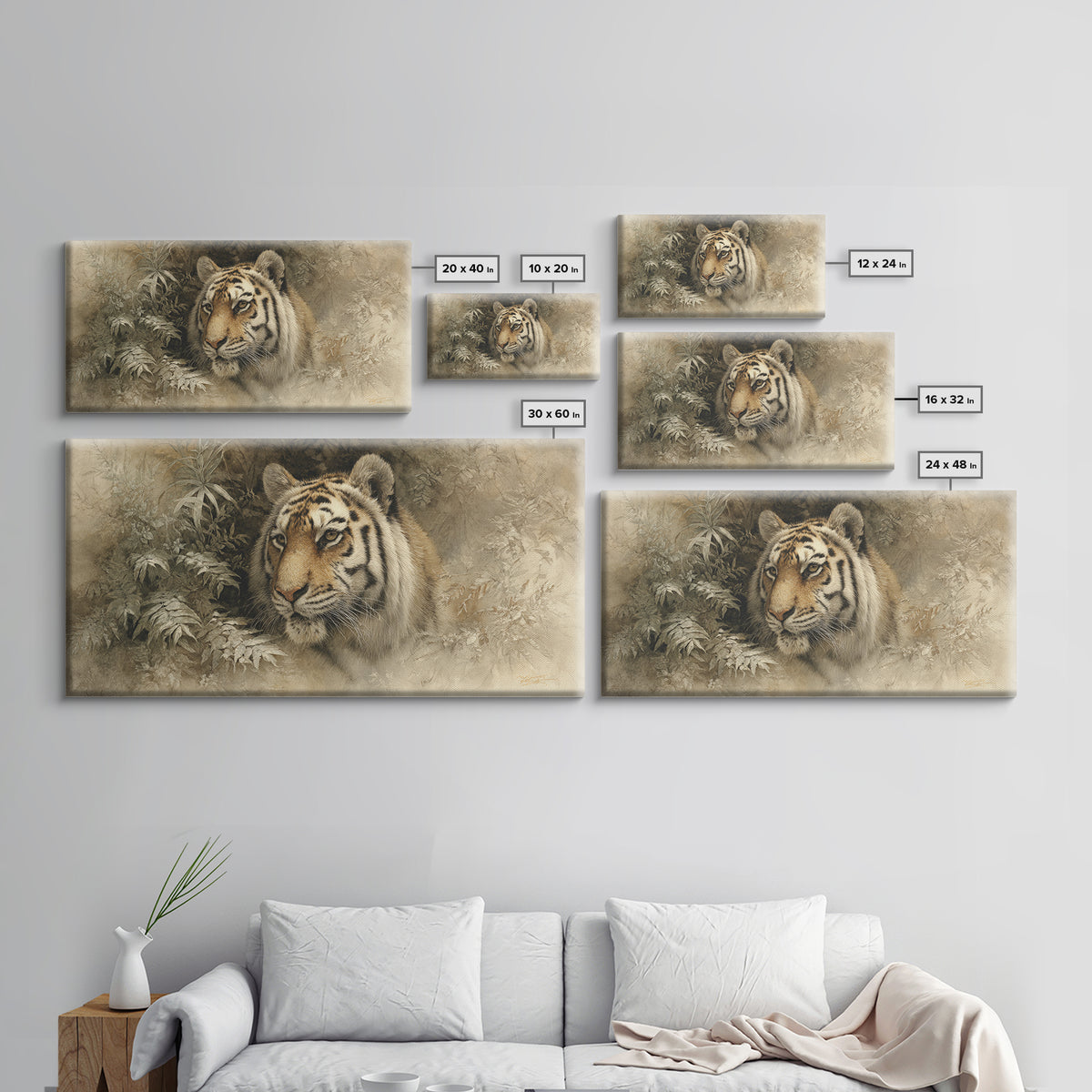 Tiger Portrait with Jungle Shadows Canvas Print, Wildlife Art, Digital Wall Art, Living Room Decor, Fine Art, Wild, Modern Art, WIL-2x1-73
