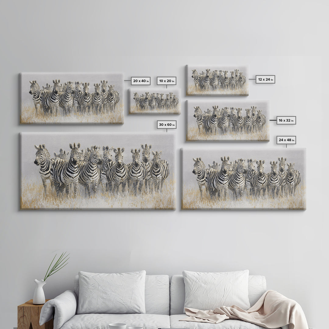 Zebra Herd in Graphic Black and White Framed Canvas Print, Wildlife Art, Bird Wall Art, Living Room Decor, Fine Art, Wild, WIL-2x1-79