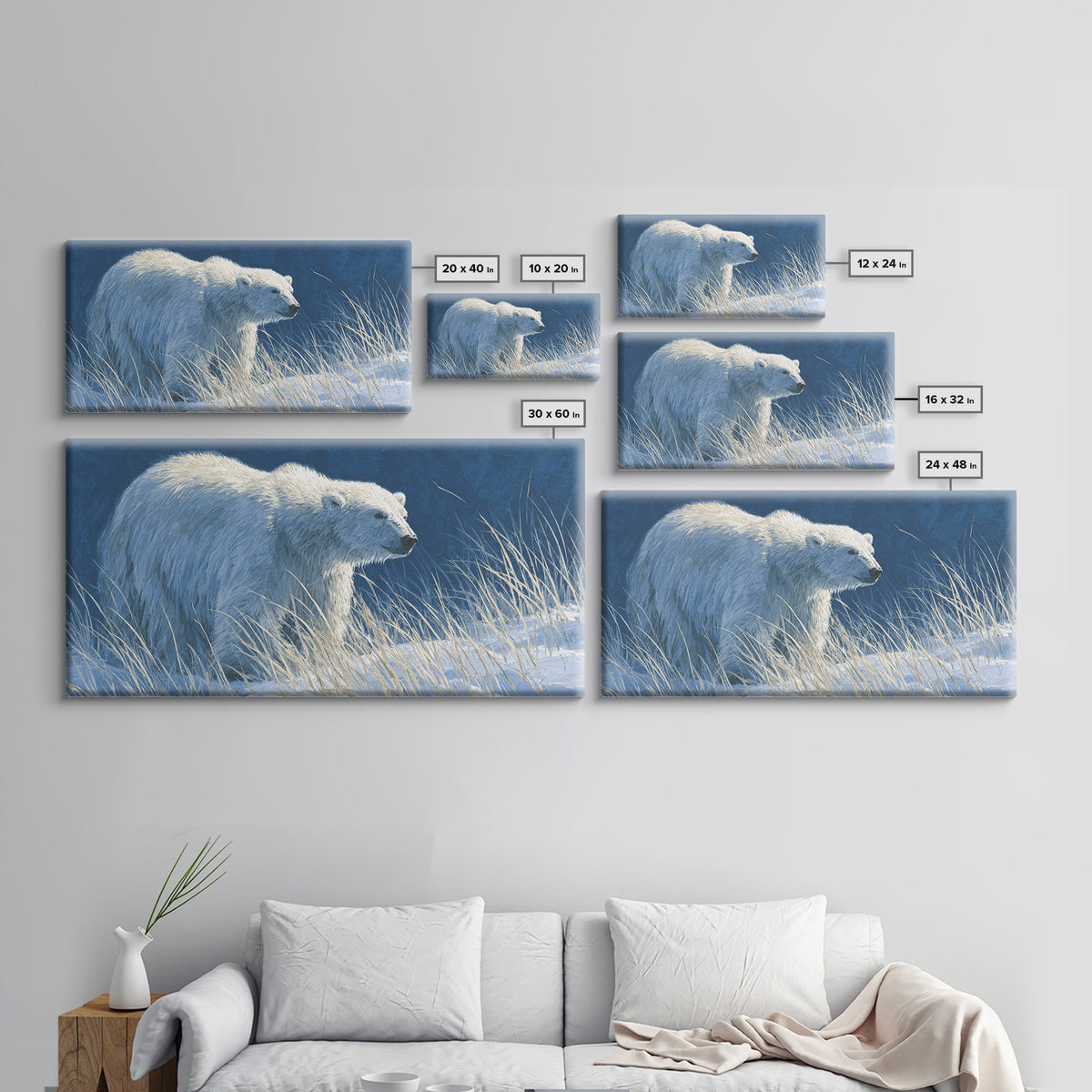 Polar Bear Crossing Blue Ice Framed Canvas Print, Wildlife Art, Contemporary Art, Living Room Decor, Wild, Wall Art Print, WIL-2x1-83