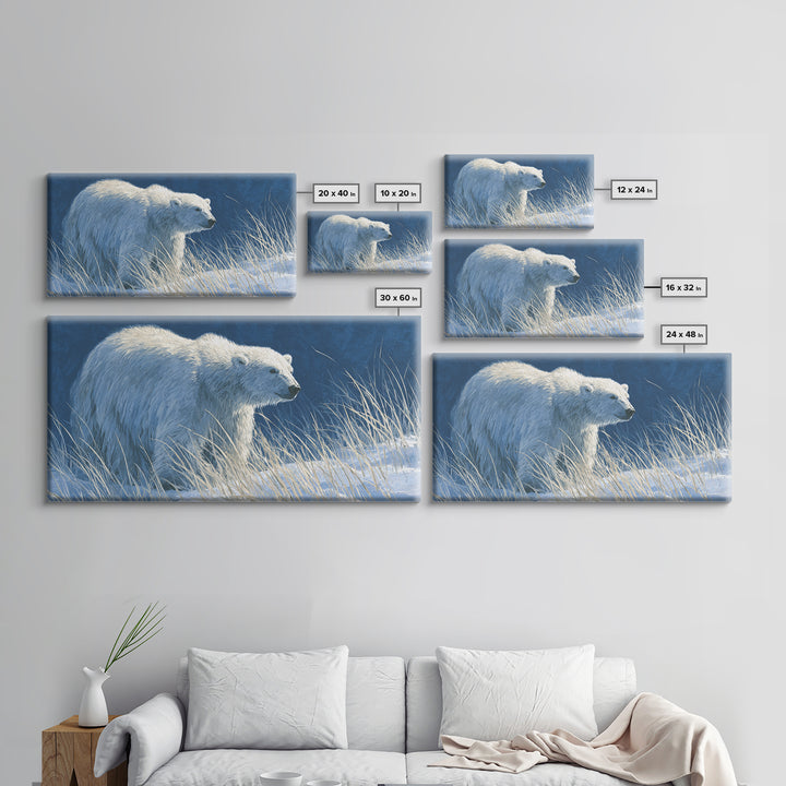Polar Bear Crossing Blue Ice Framed Canvas Print, Wildlife Art, Contemporary Art, Living Room Decor, Wild, Wall Art Print, WIL-2x1-83