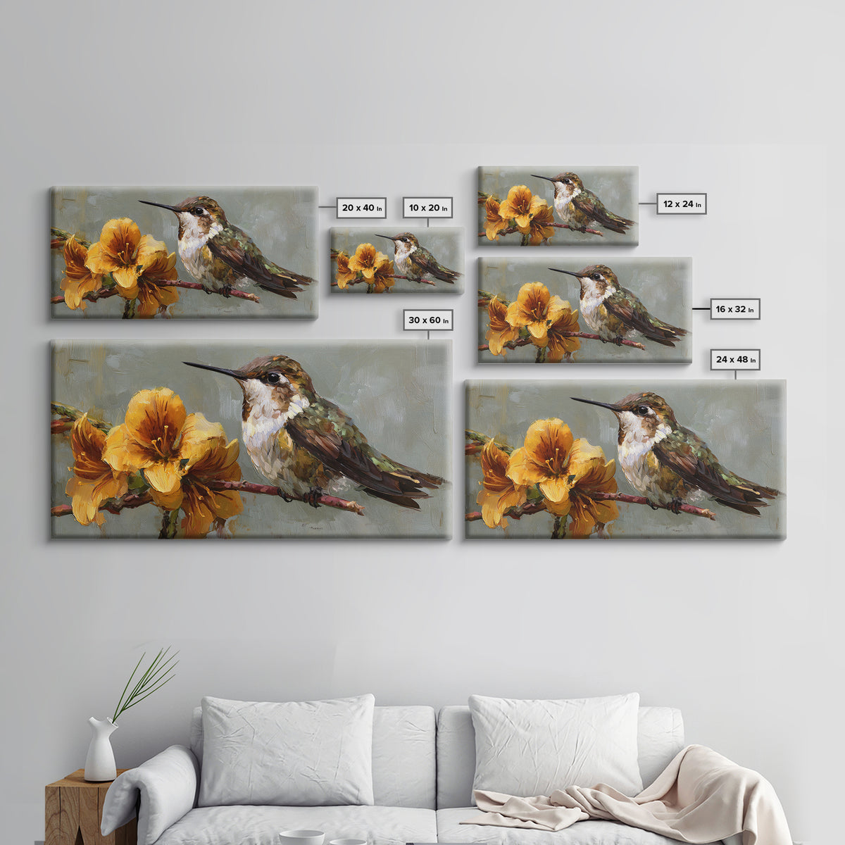 Hummingbird Beside Bright Flowers Framed Canvas Print, Wildlife Art, Bird Art, Living Room Decor, Watercolor Art, Wild, WIL-2x1-84