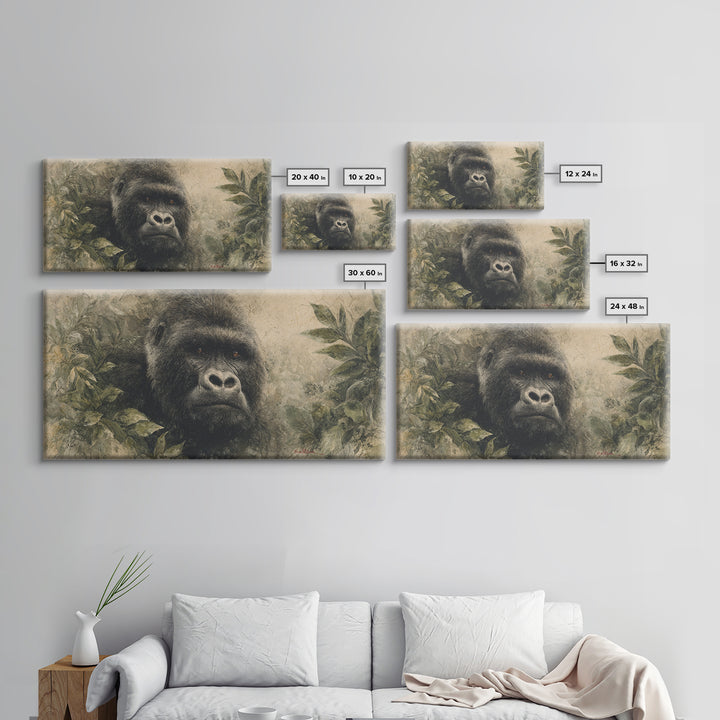 Gorilla Portrait with Powerful Gaze Framed Canvas Print, Wildlife Art, Canvas Wall Art, Living Room Decor, Fine Art, Wild, WIL-2x1-85