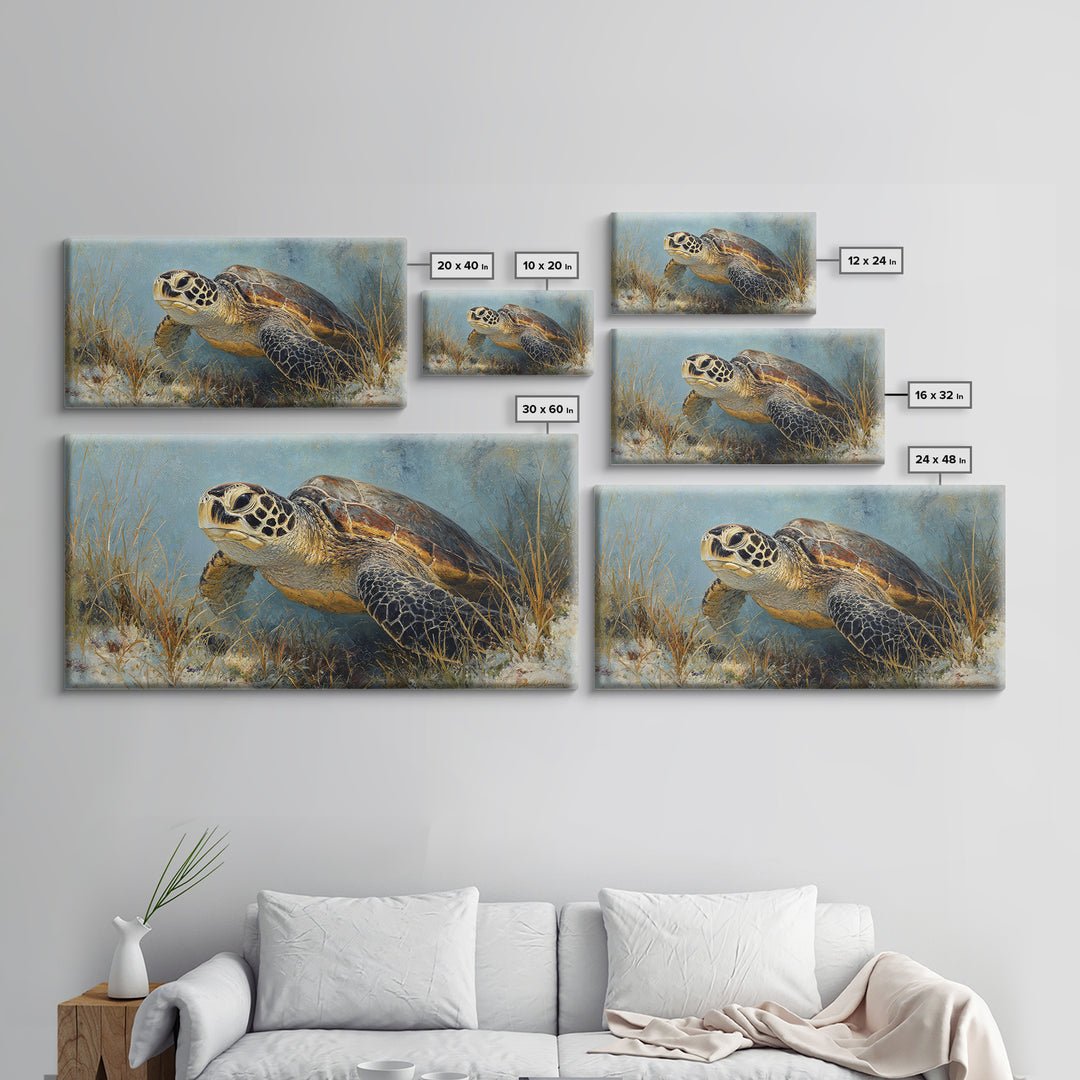 Sea Turtle over Coral Reef Framed Canvas Print, Wildlife Art, Home Decor, Living Room Decor, Fine Art, Wild, Boho Wall Decor, WIL-2x1-86