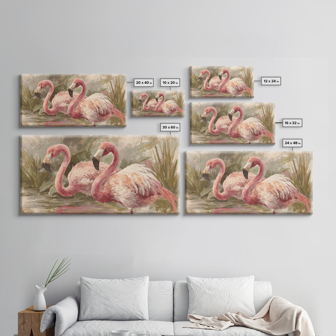 Flamingos in Pink Shallow Water Framed Canvas Print, Wildlife Art, Art, Living Room Decor, Oil Painting, Wild, WIL-2x1-90