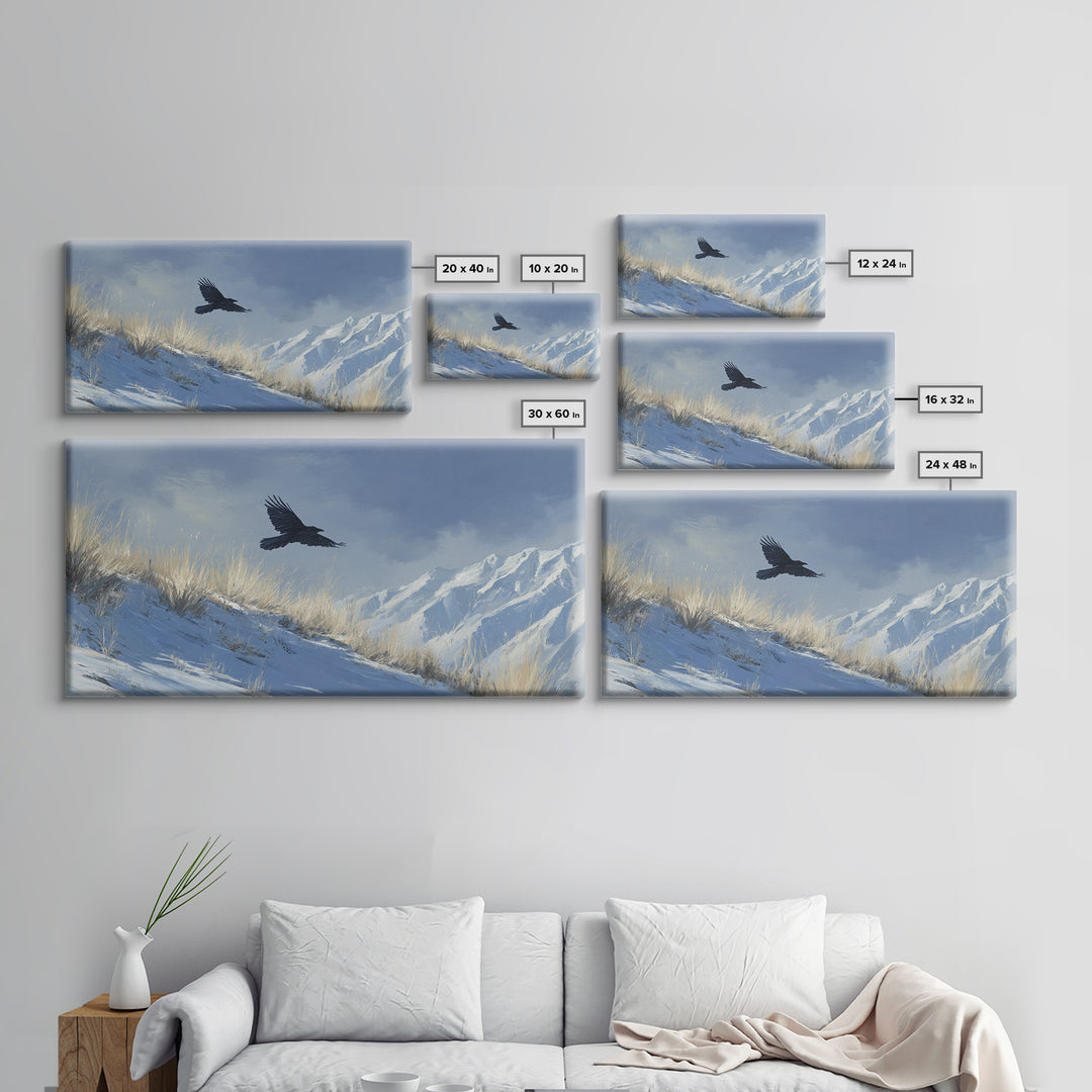 Raven Flying Through Snowy Mountains Framed Canvas Print, Wildlife Art, Boho Wall Decor, Living Room Decor, Fine Art, Wild, WIL-2x1-92