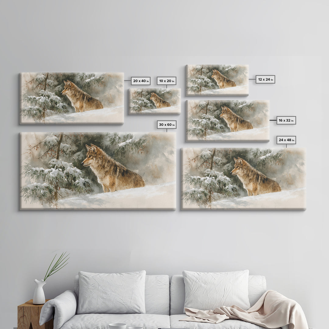 Wolf Standing Beneath Snowy Pine Trees Framed Canvas Print, Wildlife Art, Unique Home Decor, Living Room Decor, Fine Art, Wild, WIL-2x1-95