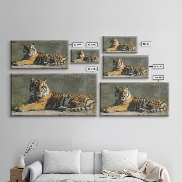 Tiger Portrait with Jungle Shadows Framed Canvas Print, Wildlife Art, Modern Wall Art, Living Room Decor, Oil Painting, Wild, WIL-2x1-97