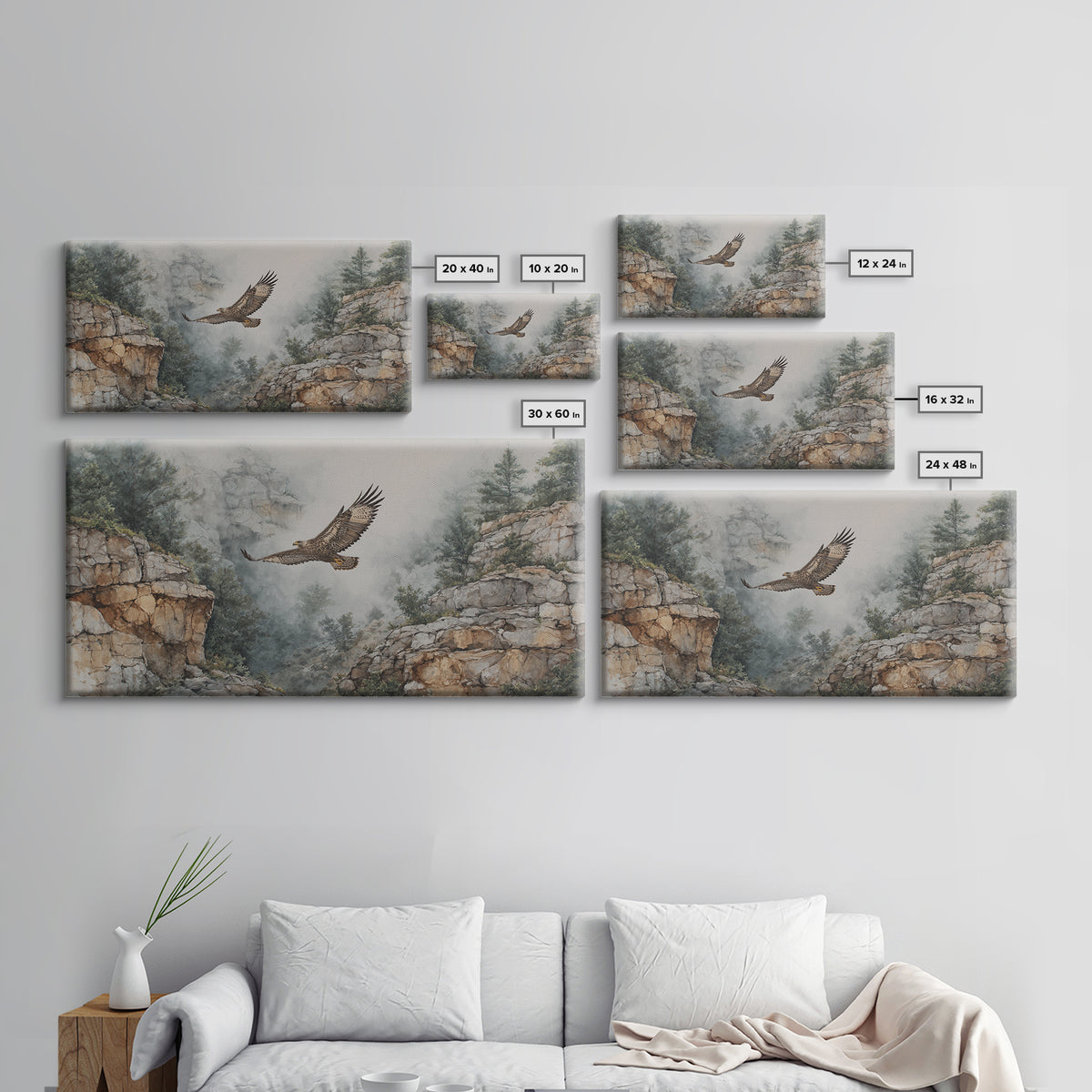 Eagle Soaring Above Rocky Cliffs Canvas Print, Wildlife Art, Living Room Decor, Watercolor Art, Wild, Living Room Wall Art, WIL-2x1-98