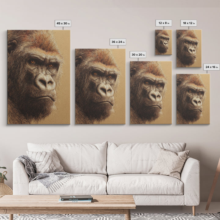 Gorilla Portrait with Powerful Gaze Framed Canvas Print, Wildlife Art, Wall Art, Living Room Decor, Wild, Modern Wall Art, WIL-2x3-1