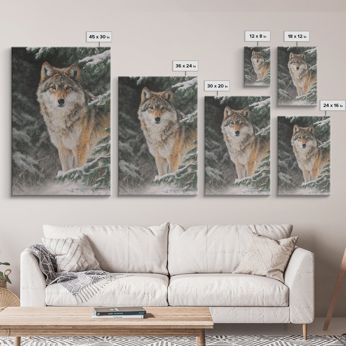 Wolf Standing Beneath Snowy Pine Trees Canvas Print, Wildlife Art, Original Artwork, Living Room Decor, Abstract Art, Wild, WIL-2x3-11