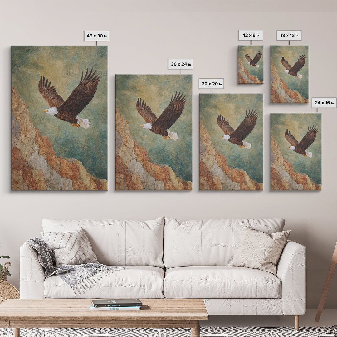 Eagle Soaring Above Rocky Cliffs Canvas Print, Wildlife Art, Art Print, Living Room Decor, Oil Painting, Wild, Digital Wall Art, WIL-2x3-14