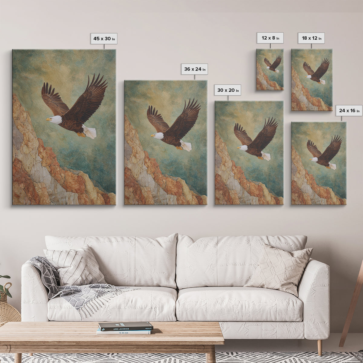 Eagle Soaring Above Rocky Cliffs Canvas Print, Wildlife Art, Art Print, Living Room Decor, Oil Painting, Wild, Digital Wall Art, WIL-2x3-14