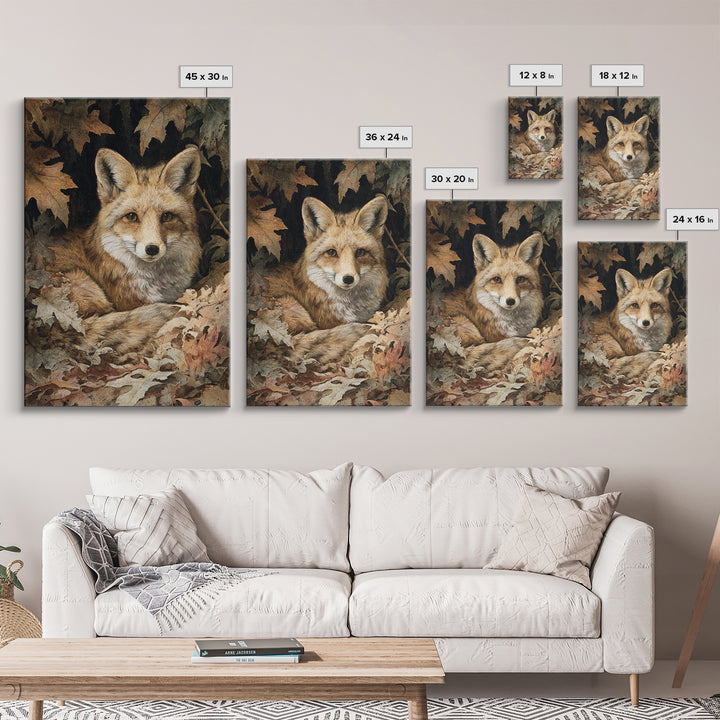 Fox in Autumn Forest Leaves Framed Canvas Print, Wildlife Art, Painting, Living Room Decor, Wild, Living Room Wall Art, WIL-2x3-17