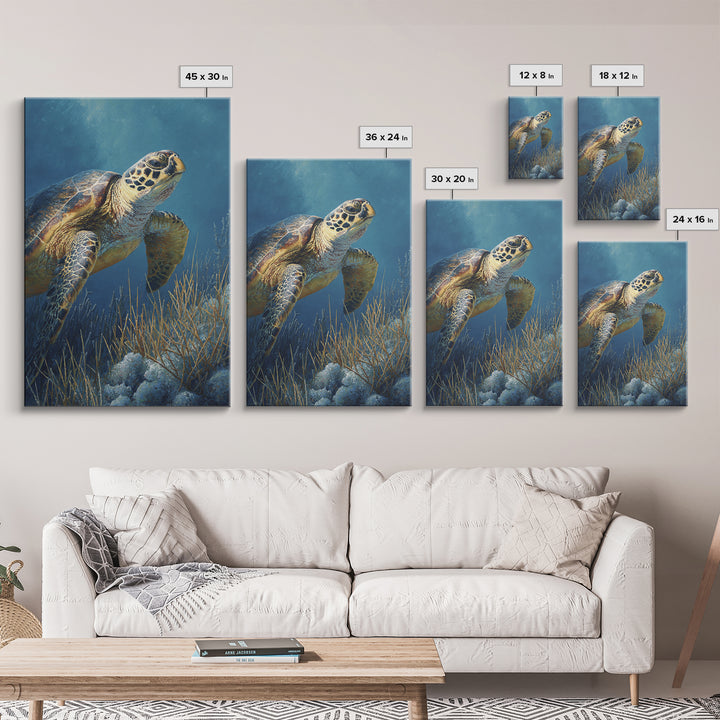 Sea Turtle over Coral Reef Framed Canvas Print, Wildlife Art, Boho Decor, Living Room Decor, Abstract Art, Wild, Painting, WIL-2x3-2