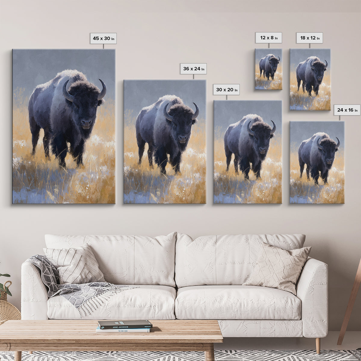 Bison on Wide Western Prairie Framed Canvas Print, Wildlife Art, Contemporary Art, Living Room Decor, Oil Painting, Wild, WIL-2x3-21