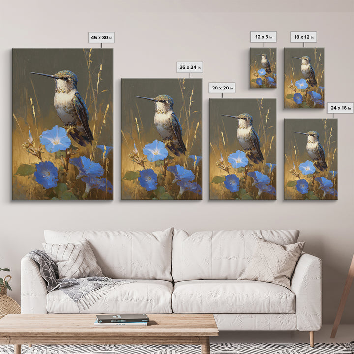 Hummingbird Beside Bright Flowers Framed Canvas Print, Wildlife Art, Canvas Painting, Living Room Decor, Watercolor Art, Wild, WIL-2x3-24
