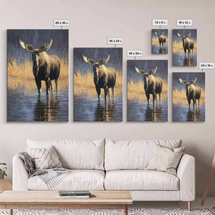 Moose Standing in Reflective Lake Canvas Print, Wildlife Art, Fine Art Print, Living Room Decor, Watercolor Art, Wild, WIL-2x3-27