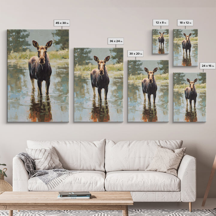 Moose Standing in Reflective Lake Framed Canvas Print, Wildlife Art, Forest Wall Art, Living Room Decor, Fine Art, Wild, WIL-2x3-3