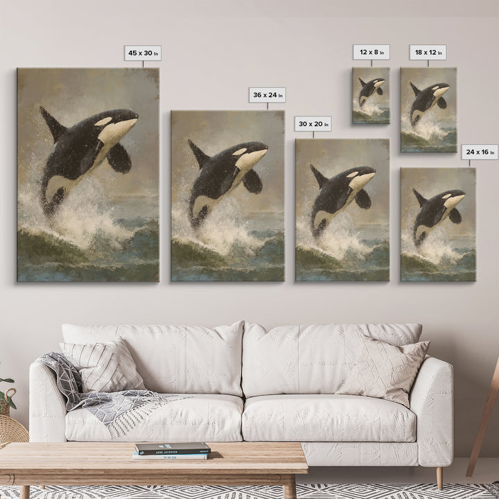 Orca Breaching in Cold Ocean Canvas Print, Wildlife Art, Statement Artwork, Living Room Decor, Fine Art, Wild, Wall Decor, WIL-2x3-31