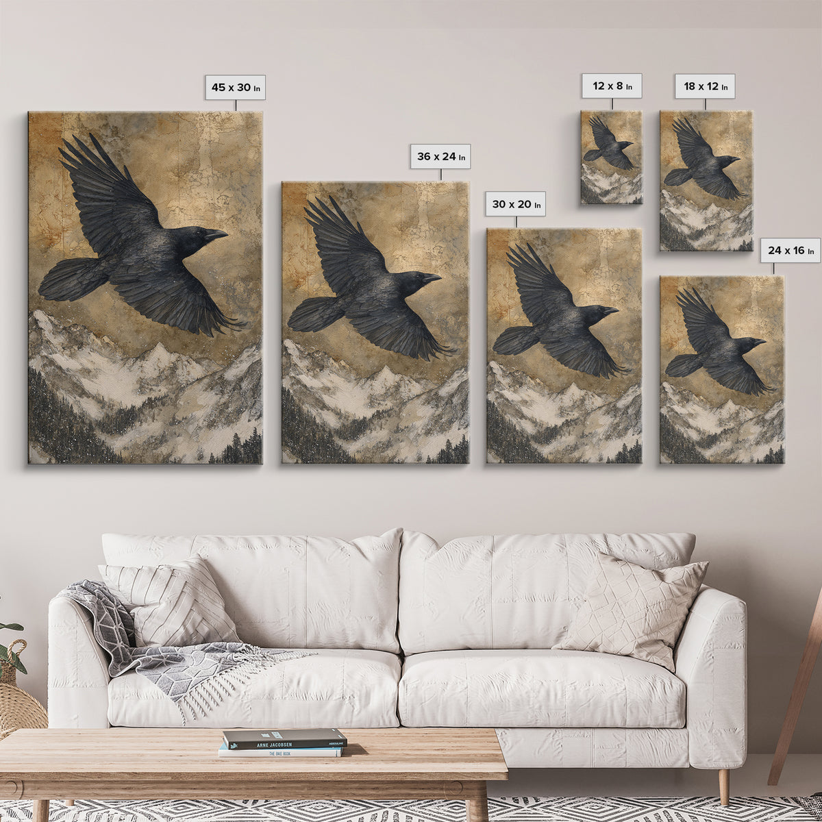 Raven Flying Through Snowy Mountains Canvas Print, Wildlife Art, Nature Wall Art, Living Room Decor, Watercolor Art, Wild, WIL-2x3-32