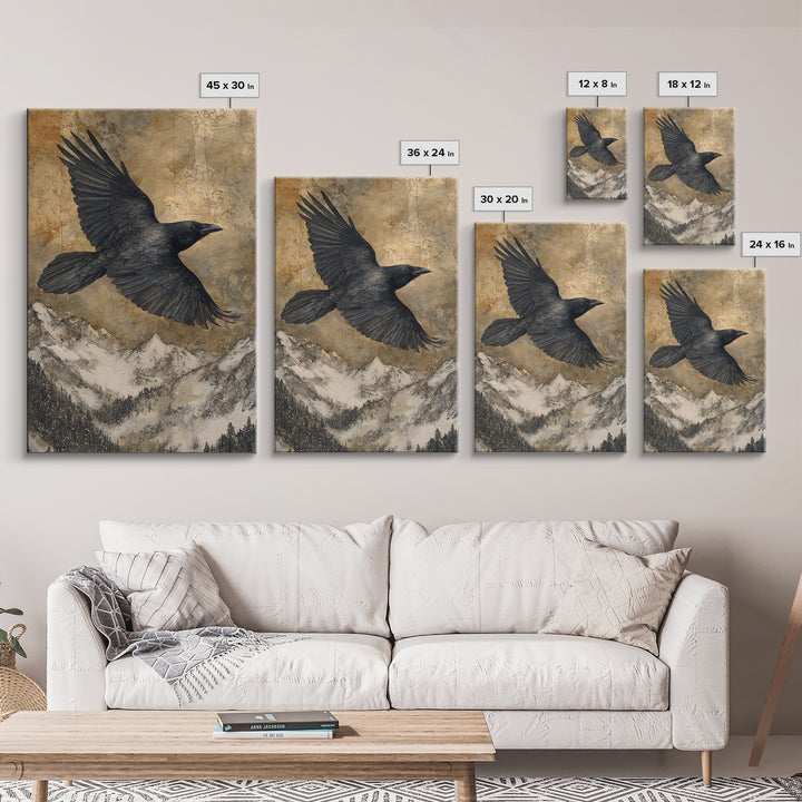 Raven Flying Through Snowy Mountains Canvas Print, Wildlife Art, Nature Wall Art, Living Room Decor, Watercolor Art, Wild, WIL-2x3-32