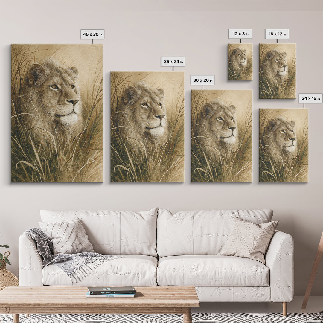 Lion Emerging from Golden Savanna Grass Framed Canvas Print, Wildlife Art, Living Room Decor, Watercolor Art, Wild, WIL-2x3-33
