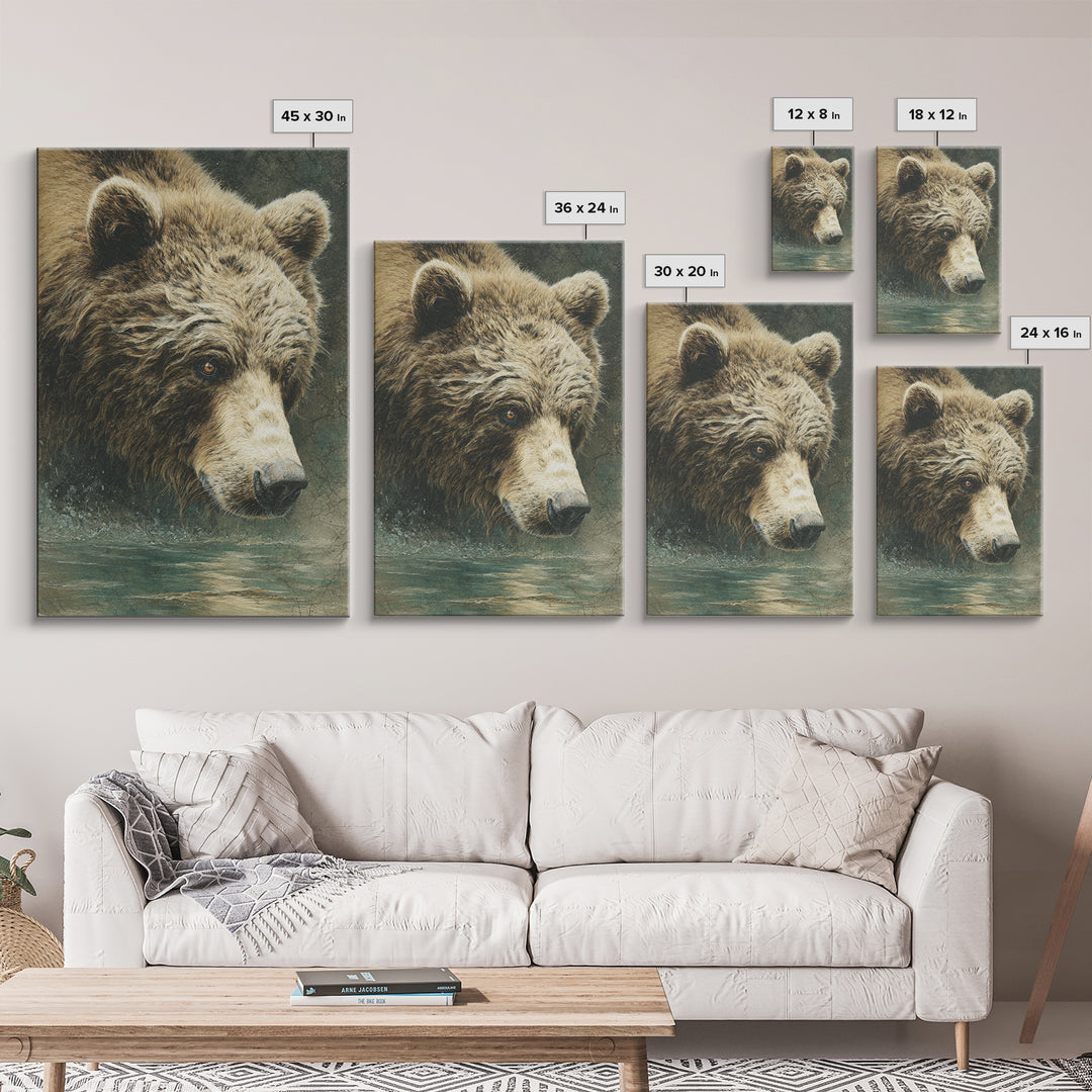 Bear Fishing in Rushing Mountain River Framed Canvas Print, Wildlife Art, Leopard Wall Art, Living Room Decor, Watercolor Art, WIL-2x3-36