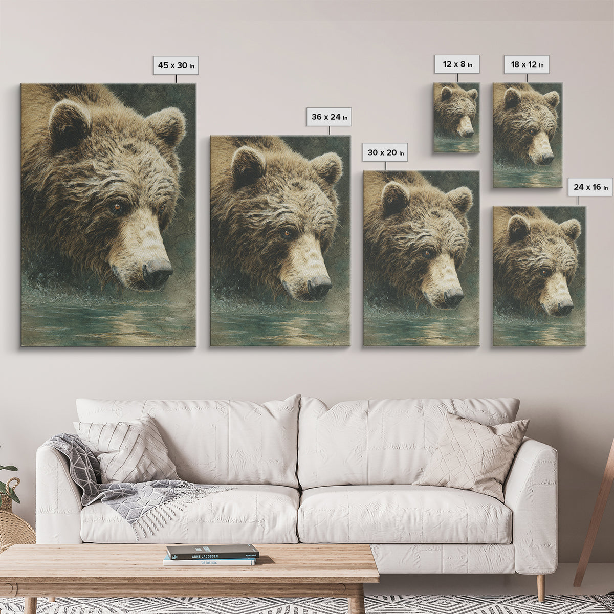 Bear Fishing in Rushing Mountain River Framed Canvas Print, Wildlife Art, Leopard Wall Art, Living Room Decor, Watercolor Art, WIL-2x3-36
