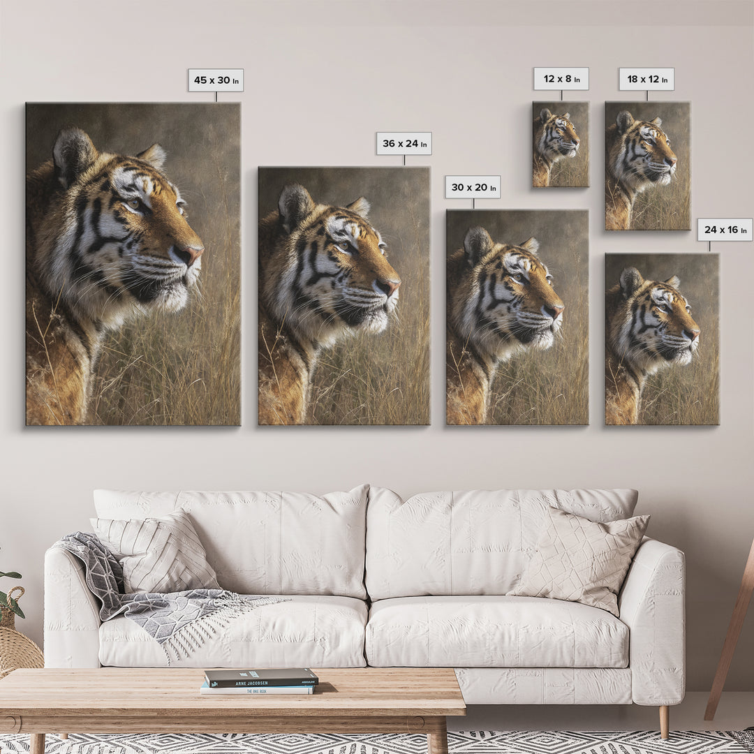 Tiger Portrait with Jungle Shadows Framed Canvas Print, Wildlife Art, Wall Decor, Living Room Decor, Fine Art, Wild, Bird Art, WIL-2x3-37