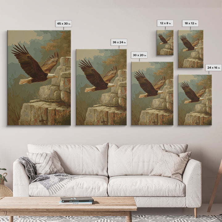 Eagle Soaring Above Rocky Cliffs Framed Canvas Print, Wildlife Art, Wall Art, Living Room Decor, Wild, Modern Wall Art, WIL-2x3-38
