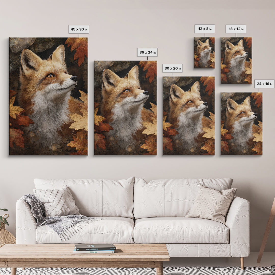 Fox in Autumn Forest Leaves Framed Canvas Print, Wildlife Art, Painting, Living Room Decor, Wild, Living Room Wall Art, WIL-2x3-41