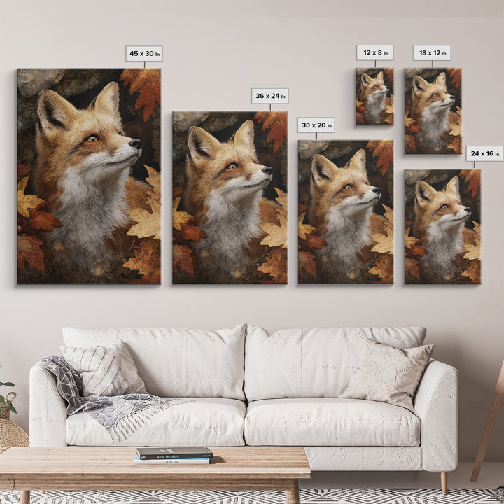 Fox in Autumn Forest Leaves Framed Canvas Print, Wildlife Art, Painting, Living Room Decor, Wild, Living Room Wall Art, WIL-2x3-41