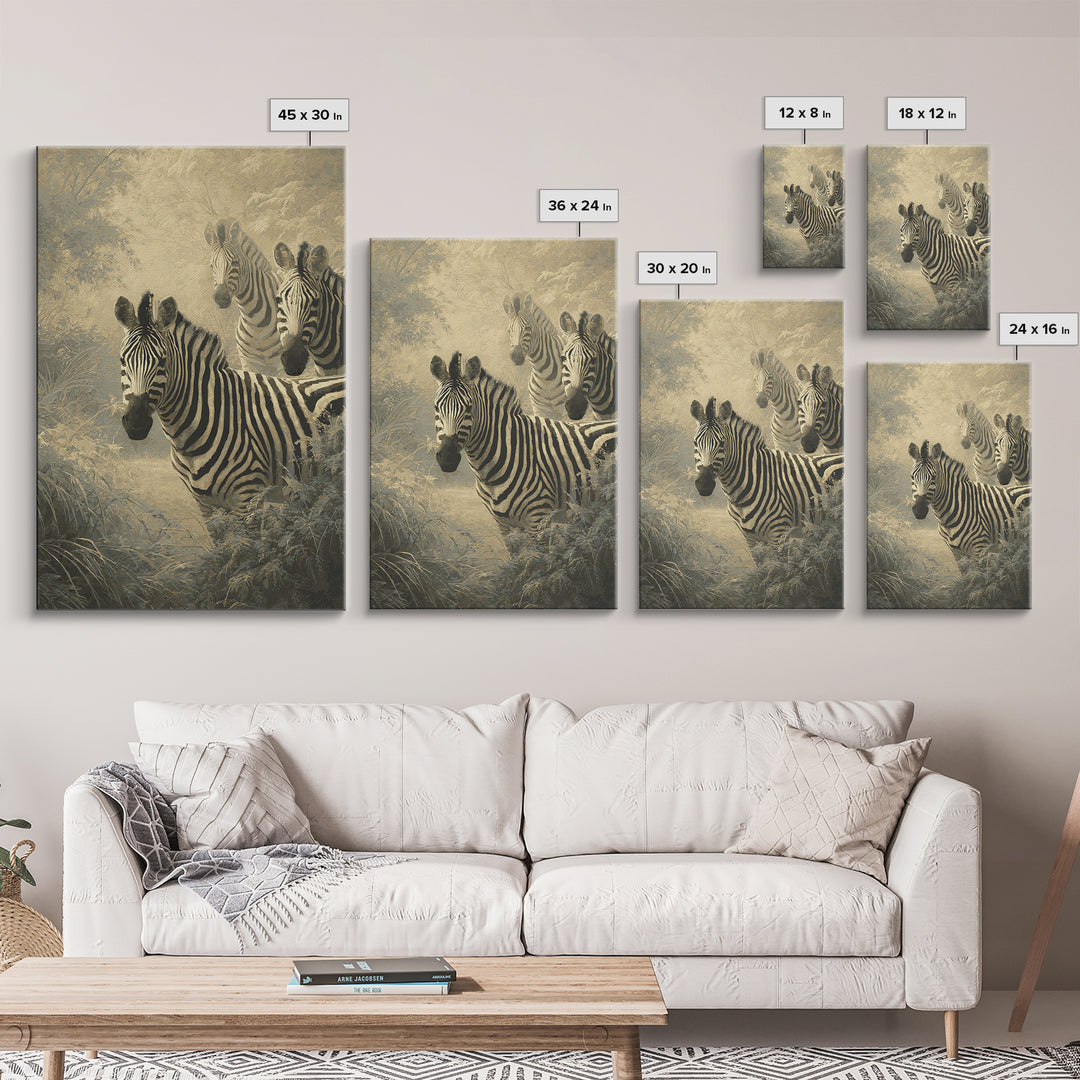 Zebra Herd in Graphic Black and White Framed Canvas Print, Wildlife Art, Contemporary Art, Living Room Decor, Fine Art, Wild, WIL-2x3-43