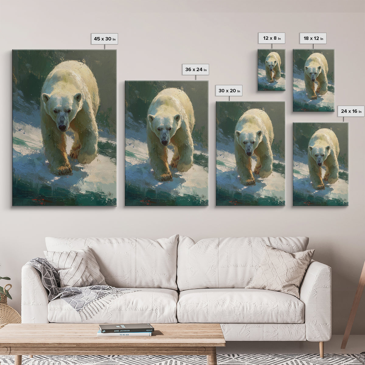 Polar Bear Crossing Blue Ice Framed Canvas Print, Wildlife Art, Wall Art, Living Room Decor, Abstract Art, Wild, WIL-2x3-47