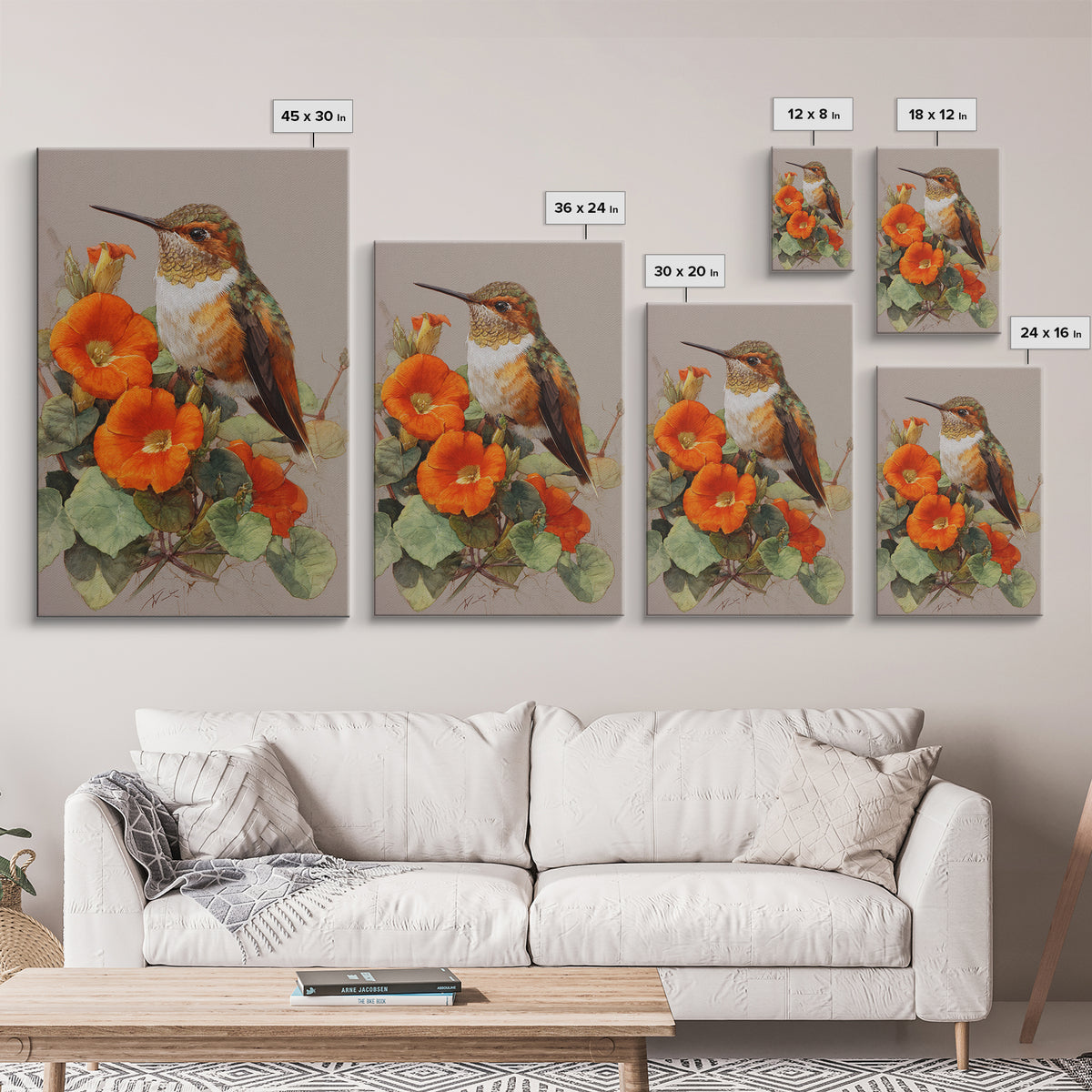 Hummingbird Beside Bright Flowers Framed Canvas Print, Wildlife Art, Boho Decor, Living Room Decor, Fine Art, Wild, Painting, WIL-2x3-48