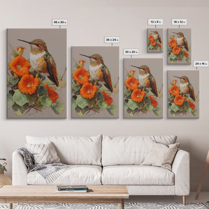 Hummingbird Beside Bright Flowers Framed Canvas Print, Wildlife Art, Boho Decor, Living Room Decor, Fine Art, Wild, Painting, WIL-2x3-48