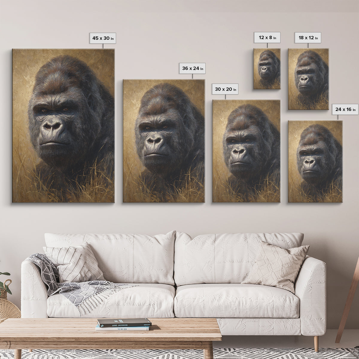 Gorilla Portrait with Powerful Gaze Canvas Print, Wildlife Art, Oil Painting, Living Room Decor, Wild, Bedroom Wall Art, WIL-2x3-49