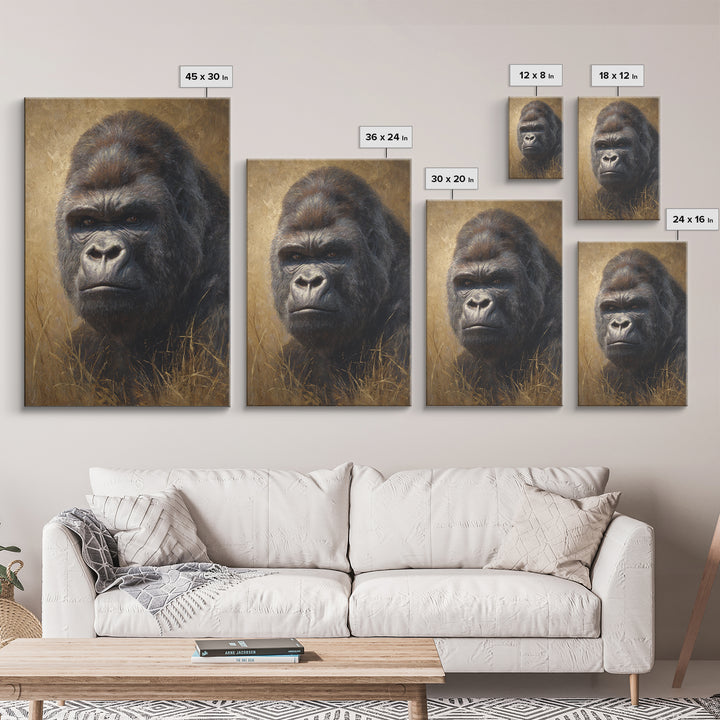 Gorilla Portrait with Powerful Gaze Canvas Print, Wildlife Art, Oil Painting, Living Room Decor, Wild, Bedroom Wall Art, WIL-2x3-49
