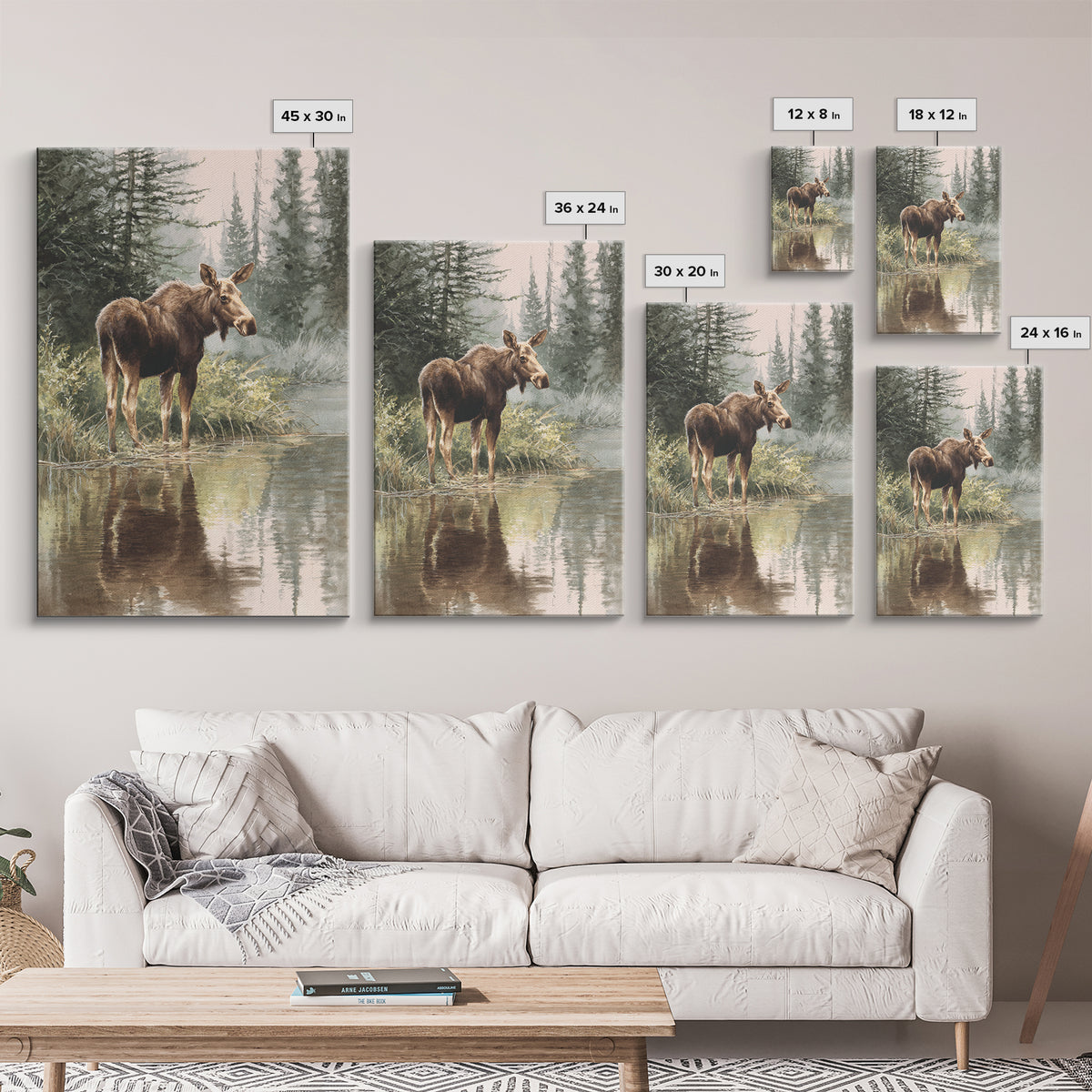 Moose Standing in Reflective Lake Framed Canvas Print, Wildlife Art, Room Decor, Living Room Decor, Fine Art, Wild, WIL-2x3-51