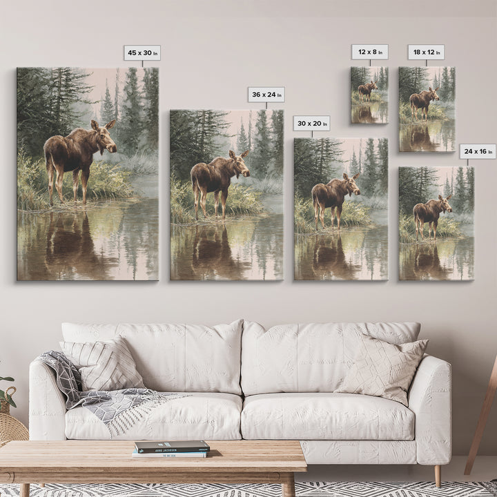 Moose Standing in Reflective Lake Framed Canvas Print, Wildlife Art, Room Decor, Living Room Decor, Fine Art, Wild, WIL-2x3-51