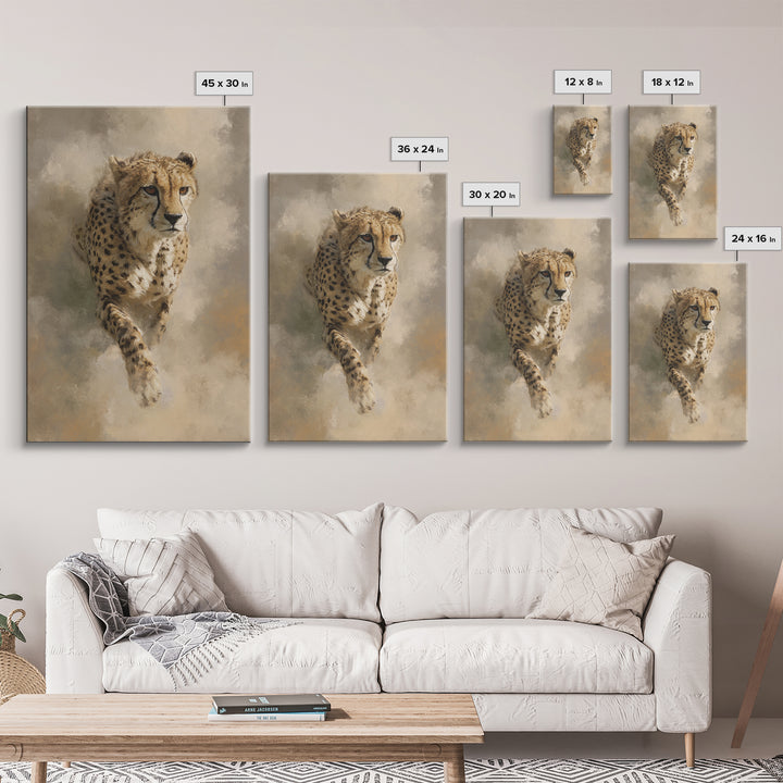 Cheetah Running Through Warm Dust Framed Canvas Print, Wildlife Art, Digital Wall Art, Living Room Decor, Oil Painting, Wild, WIL-2x3-53